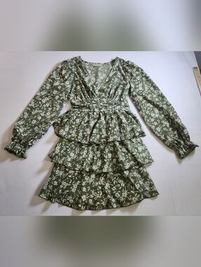 Inspired Hearts Olive Green Floral Tiered Long Sleeve Dress